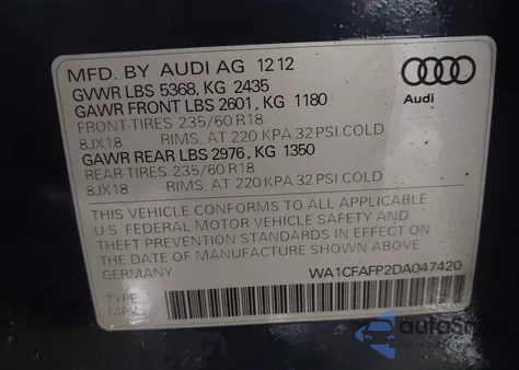 2013 Audi Q5 2.0T Premium z USA, uszkodzony, nr VIN WA1CFAFP2DA047420